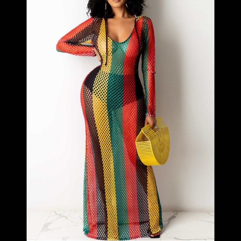 Color block fishnet design hooded cover up dress.